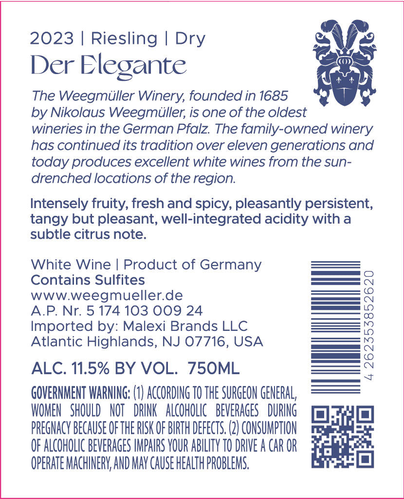 Weegmüller Riesling "Der Elegante" 2023 - 750 ML